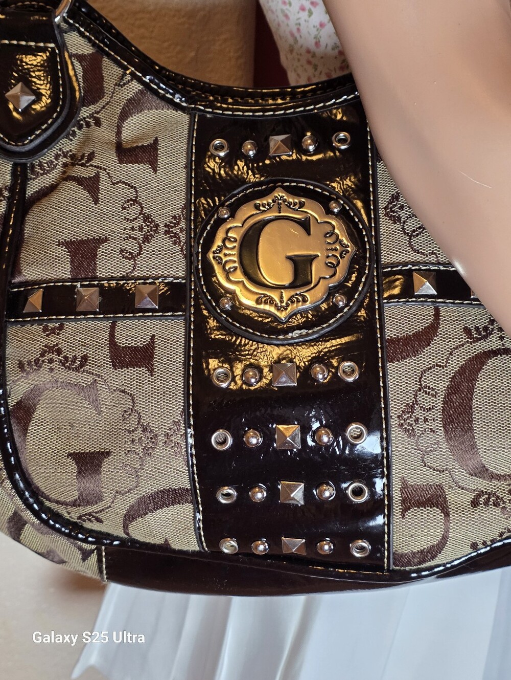 Y2K Monogram Studded Shoulder Bag McBling G Hobo Faux Patent Trim - Picture 8 of 17